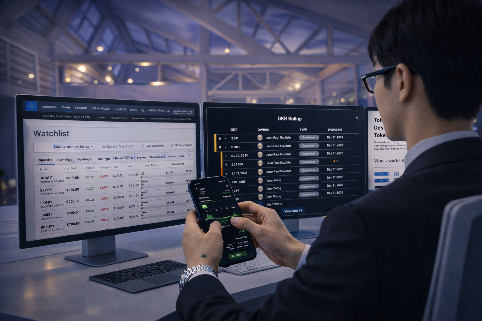 Man with mobile phone and monitors